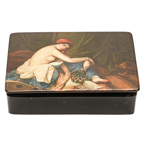 183 - A German painted papier mache snuff box, Stobwasser's Fabrik, Braunschweig, c1840, the lid painted w... 