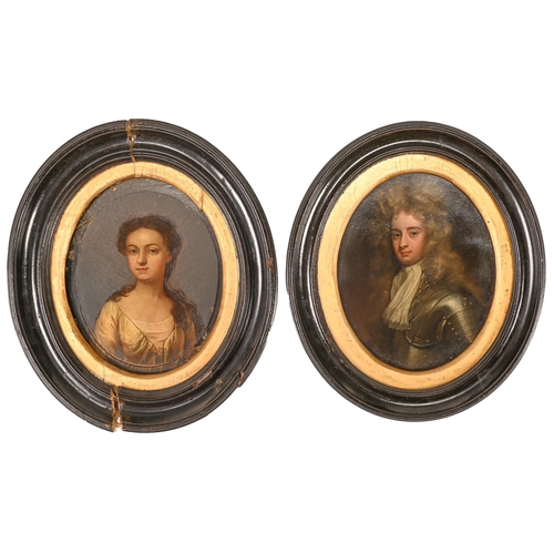 208 - Follower of Sir Godfrey Kneller - Portrait Miniatures of a Nobleman and a Lady, two, the first in ar... 