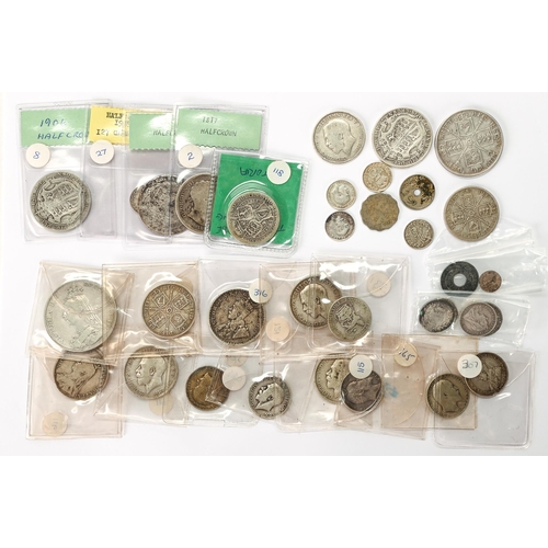 258 - Silver coins. Miscellaneous United Kingdom crowns and other coins, pre 1920, 9ozs 8dwts... 