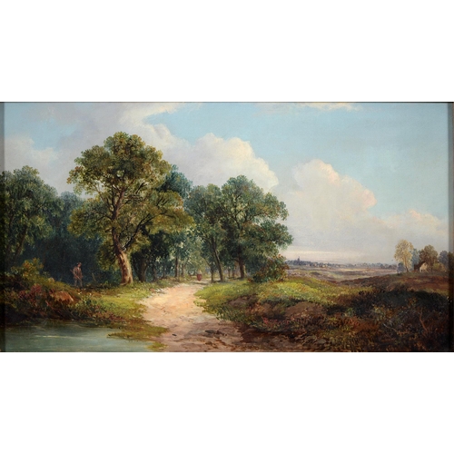 300 - English School, 19th c - Landscape with Figures at the Edge of a Wood, oil on canvas, 24.5 x 44cm... 