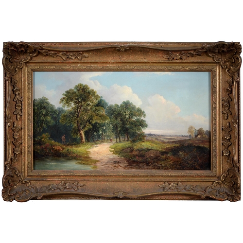 300 - English School, 19th c - Landscape with Figures at the Edge of a Wood, oil on canvas, 24.5 x 44cm... 