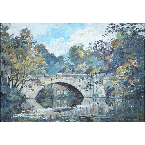 306 - Keith Cresswell  (1940-1989)- Bridge at Calver,  signed, oil on panel, 33.5 x 49.5cm... 