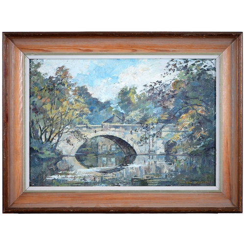 306 - Keith Cresswell  (1940-1989)- Bridge at Calver,  signed, oil on panel, 33.5 x 49.5cm... 