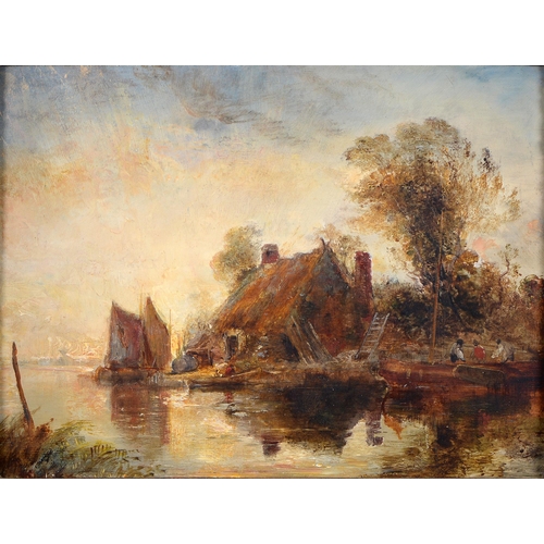 307 - English School, 19th c - River Scene with Thatched Cottage, oil on board, 22 x 29cm