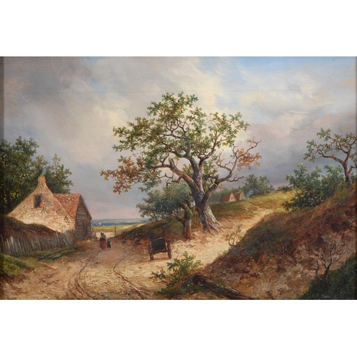 308 - Joseph Thors (1835-1884) - Two Figures on a Country Road by a Cottage, signed, oil on canvas, 23 x 3... 