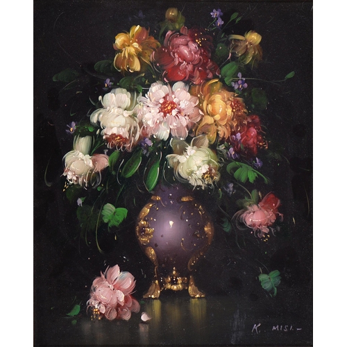 311 - Northern European School, late 20th c - Still Life of Flowers in a Vase, signed K Misi, oil on board... 