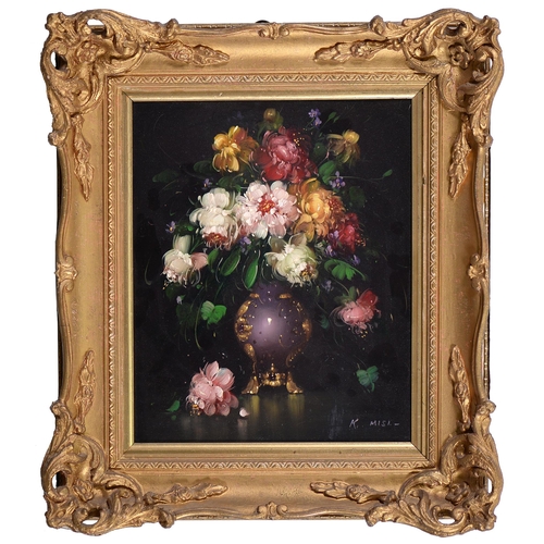 311 - Northern European School, late 20th c - Still Life of Flowers in a Vase, signed K Misi, oil on board... 