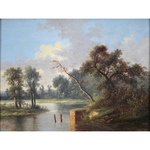 314 - A Stone, 19th c - Wooded River Landscape, signed, oil on canvas, 30 x 41cm