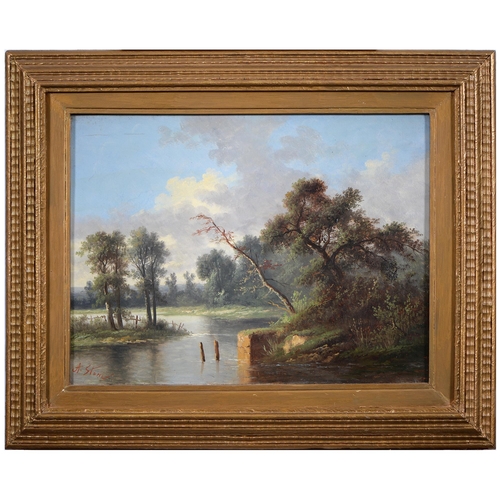 314 - A Stone, 19th c - Wooded River Landscape, signed, oil on canvas, 30 x 41cm