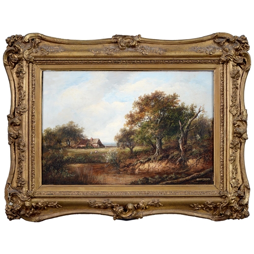 319 - Joseph Thors (1835-1884) - Wooded Landscape with Figures by a Thatched Canvas, signed, oil on canvas... 