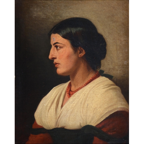 322 - Italian School, 19th c - Portrait of a Woman, head and shoulders in a red dress and coral necklace, ... 