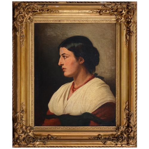 322 - Italian School, 19th c - Portrait of a Woman, head and shoulders in a red dress and coral necklace, ... 