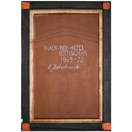 323 - E Jakubowski (Fl. 20th c) - The Black Boy Hotel Nottingham, signed with initials, dated 1969-70 and ... 