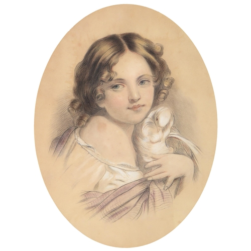 327 - Victorian School - Young Girl with a Dove, charcoal and black and white chalk on coloured paper, ova... 