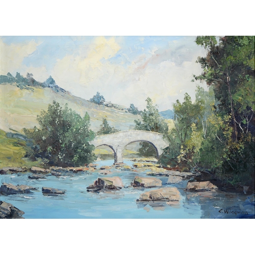 330 - C Wyegman, 20th c - Mountainous Landscape with Bridge, signed, oil on canvas, 50 x 70cm... 