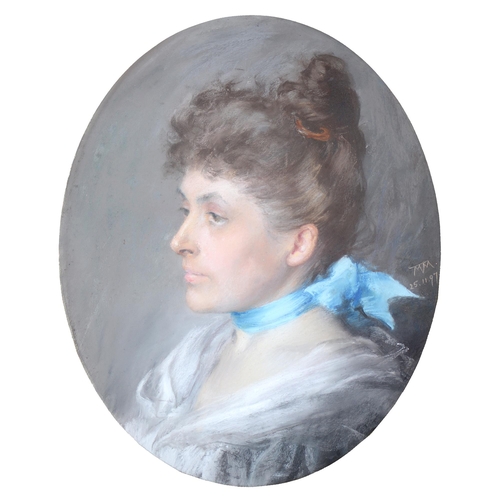 338 - British School 1897 - Portrait of a Woman, head and shoulders in a grey dress and blue ribbon, signe... 