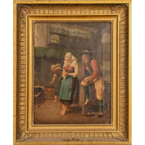 377 - Northern European School, 19th c - A Cavalier Paying a Compliment to a Girl in a Kitchen, oil on can... 