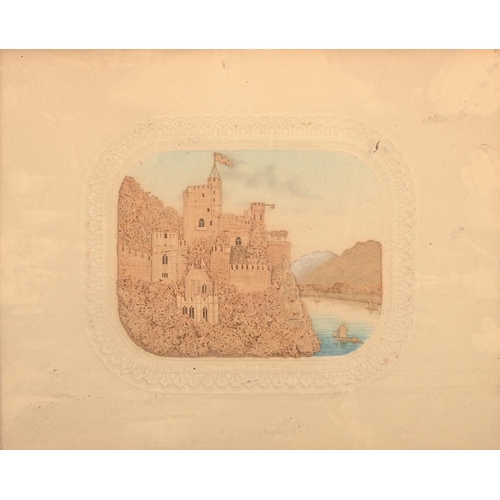 378 - A pair of cork pictures, 19th c, of a castle and riverside town, with watercolour detail, in embosse... 