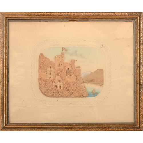 378 - A pair of cork pictures, 19th c, of a castle and riverside town, with watercolour detail, in embosse... 