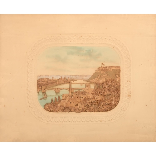 378 - A pair of cork pictures, 19th c, of a castle and riverside town, with watercolour detail, in embosse... 