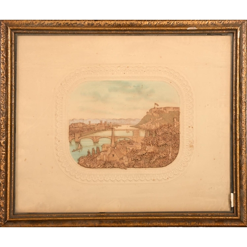 378 - A pair of cork pictures, 19th c, of a castle and riverside town, with watercolour detail, in embosse... 