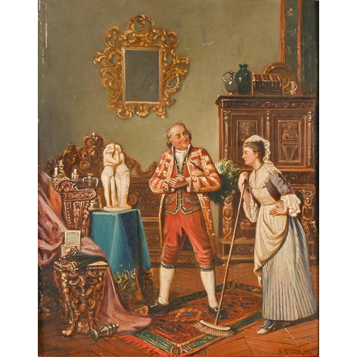 379 - A 19th c oleograph of a connoisseur and housemaid after A Simonetti, 24 x 19cm... 