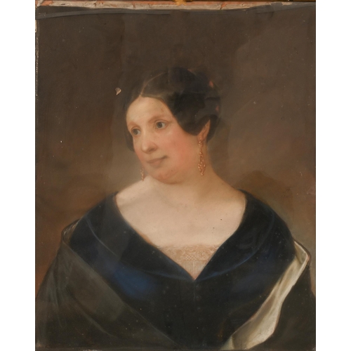 383 - English School - Portrait of a Woman, head and shoulders in a blue dress with gold earrings, signed ... 