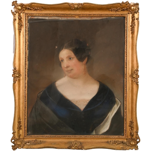 383 - English School - Portrait of a Woman, head and shoulders in a blue dress with gold earrings, signed ... 