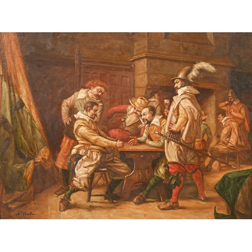 386 - Follower of Frank Moss Bennett - Soldiers in a Tavern, signed A Paster, oil on canvas laid on board,... 