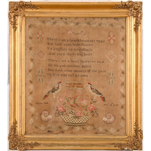 387 - A Victorian linen sampler, Grace Sutcliffe aged 10 years Wyke Hall Novr 30th 1839, worked with birds... 