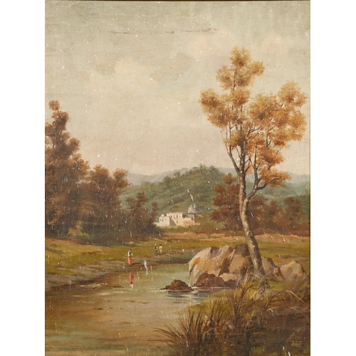 389 - Follower of John Constable - Landscape, signed E Button, oil on canvas, 54 x 69cm, architectural sty... 