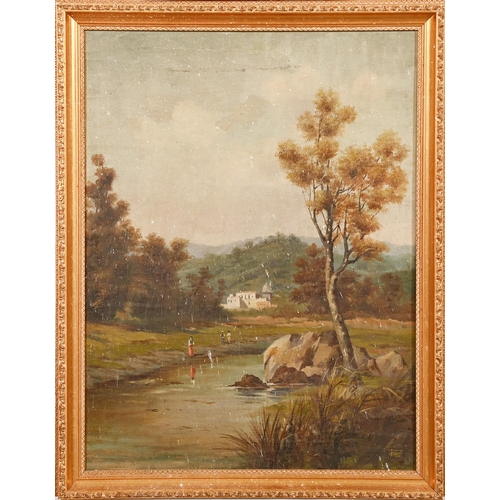 389 - Follower of John Constable - Landscape, signed E Button, oil on canvas, 54 x 69cm, architectural sty... 