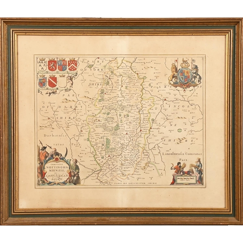 402 - Joan Blaeu - Nottinghamshire, double page engraved map, 1645, hand coloured, 48.5 x 59cm, By and Aft... 