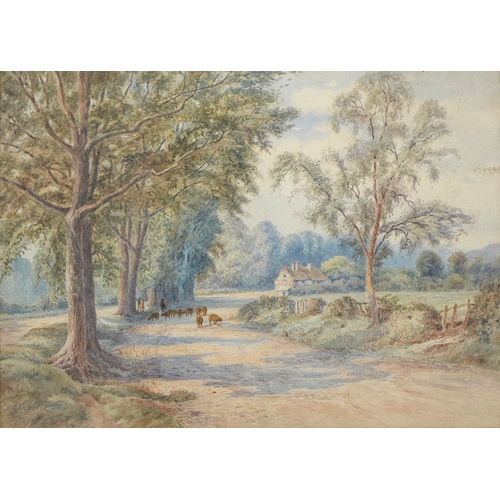 478 - Enoch Crosland (1860-1938) - Cattle on a Country Lane; Driving Sheep, a pair, both signed, watercolo... 