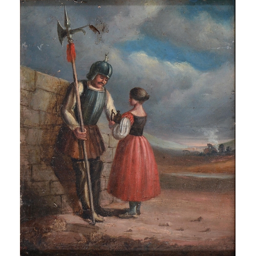 480 - 19th c School - An Armoured Halberdier and a Girl in a Landscape, oil on panel, 19.5 x 16.5cm... 