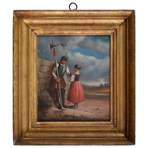 480 - 19th c School - An Armoured Halberdier and a Girl in a Landscape, oil on panel, 19.5 x 16.5cm... 