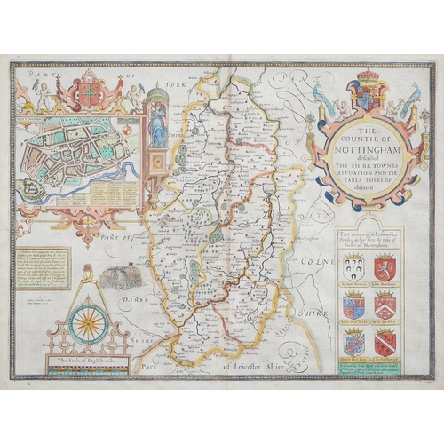 487 - John Speede - Nottingham, double page engraved map, 1676, hand coloured, 40.5 x 53.5cm... 