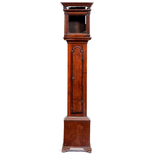 507 - A George III oak longcase clockcase, the flat topped hood formerly with blind fret cornice, turned p... 