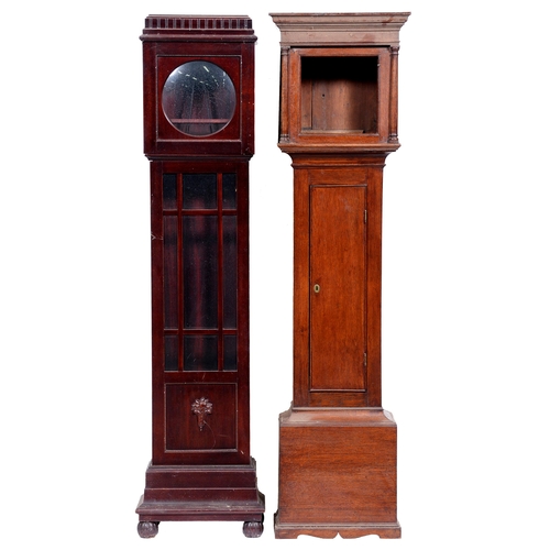 508 - A George III oak longcase clockcase, with ogee moulded flat topped hood, pilasters flanking the door... 