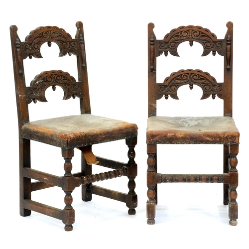 518 - A pair of oak 'Derbyshire' chairs, 19th / early 20th c, in 17th c style, with applied split baluster... 