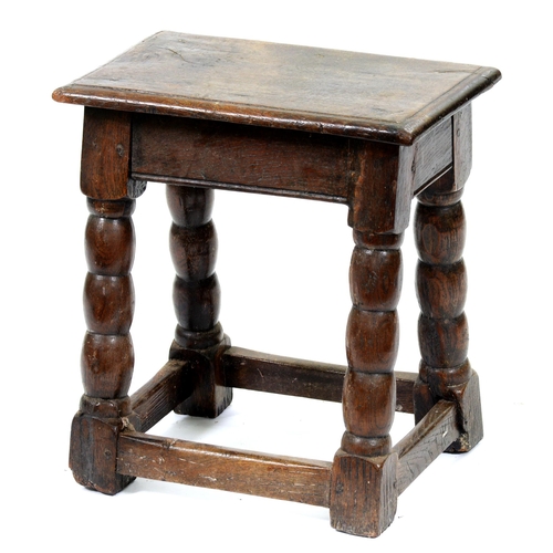 539 - An oak joined stool, early 20th c, possibly incorporating earlier elements, in Charles II style, wit... 