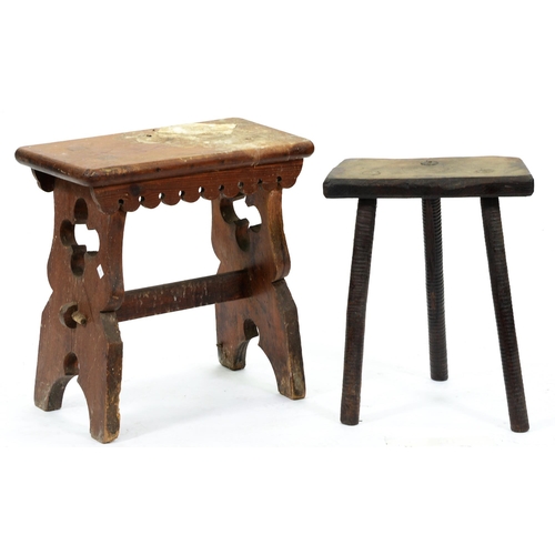 546 - A pine trestle stool, late 19th / early 20th c, in English 16th c style, with pegged stretcher, 54cm... 