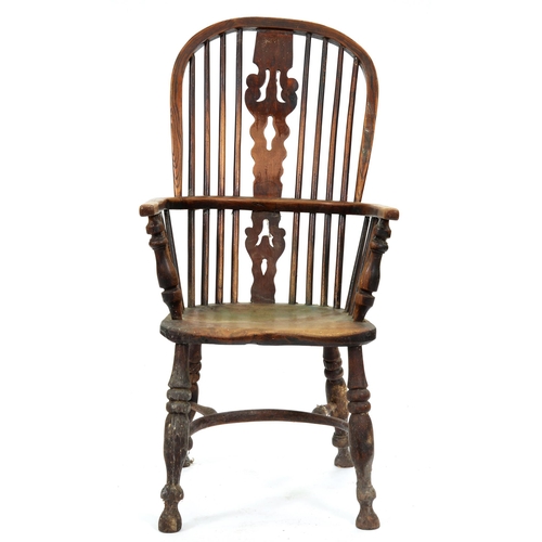 547 - A Victorian ash high back Windsor armchair, North Nottinghamshire, mid 19th c, with turned arm suppo... 