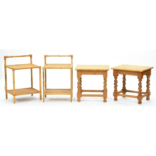 561 - A pair of waxed pine bedside tables, 47cm and a pair of bamboo and rattan bedside tables (4)... 