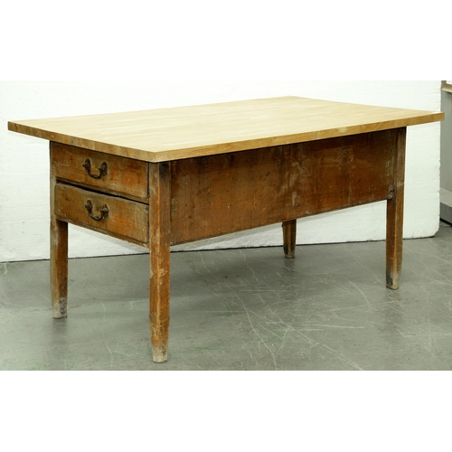 572 - A Victorian pine country house kitchen table, the deep top fitted with two drawers to either end, wi... 