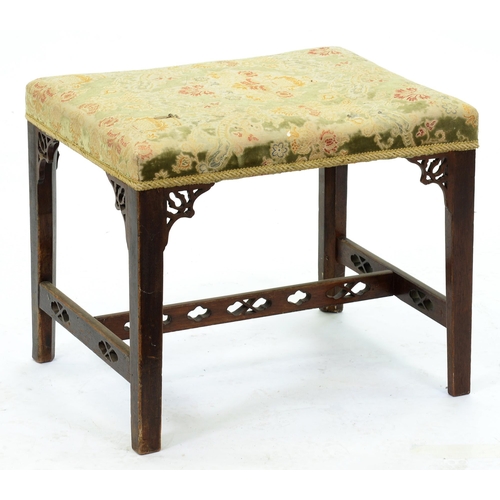 574 - A George III mahogany stool, with fretted brackets and pierced stretchers, 89cm h; 46 x 57cm... 