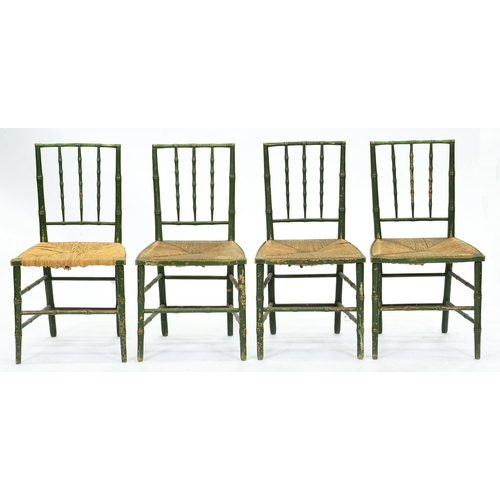 578 - A set of four green painted faux bamboo chairs, early 19th c, rush seated, seat height 44cm... 