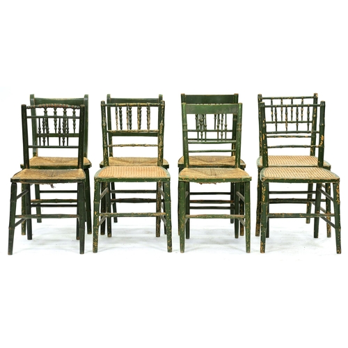 587 - Eight faux bamboo and other green painted chairs, 19th c, rush or caned seated, seat height 45cm... 