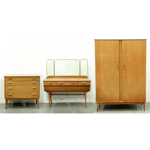 588 - An Alfred Cox mid-century modern teak bedroom suite, c1960, wardrobe 175cm h; 56 x 124cm, maker's br... 