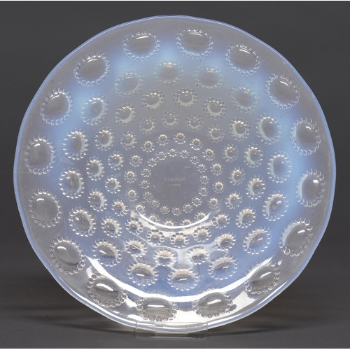 59 - Asters.  A Lalique semi opalescent glass dish, 25cm diam, etched mark R LALIQUE FRANCE... 